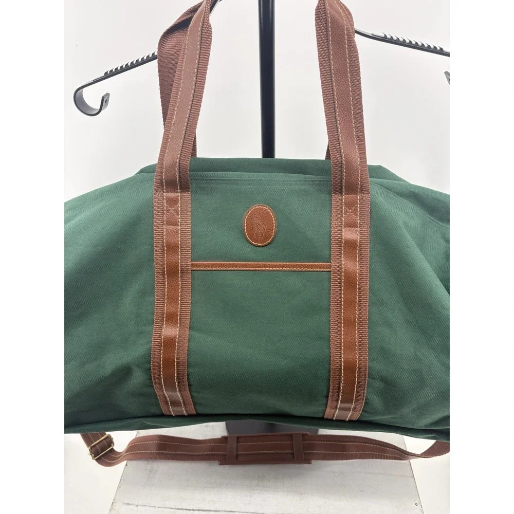 VTG Ralph Lauren Green Duffle Bag Fragrance Weekender Brown Trim Extra Large 30